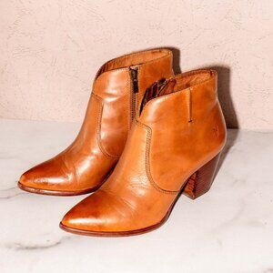 Frye Womens Jennifer Cognac Leather Pointed Toe Zip Up Cute Ankle Bootie